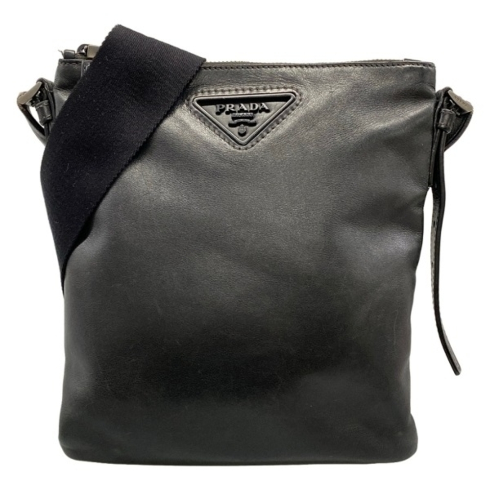 Prada leather shoulder bag prominent triangle logo Black
